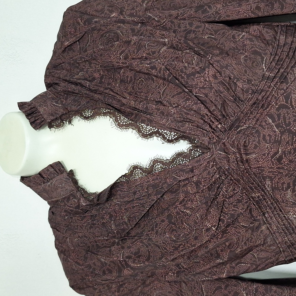 OYROSY Women's Brown Blouse Long Sleeve V Neck - Picture 3 of 14